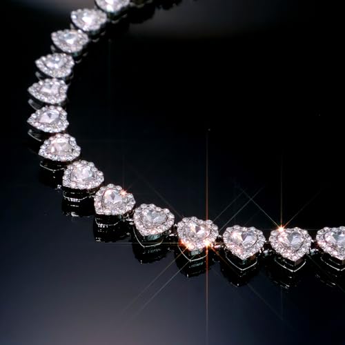 fasone Rhinestone Hearts Necklace, Iced Out Hearts Jewelry,Silver Tennis Necklace For Women,Tennis Necklaces For Women, Heart Tennis Necklace - color: White_17.7inch