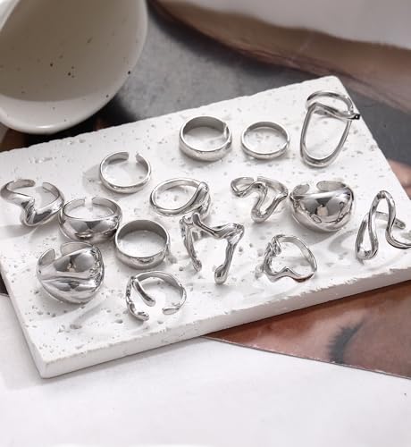 iF YOU 25 Pcs Gold Stackable Ring Set for Women, Chunky Knuckle Finger Midi Rings, Silver Simple Stacking Cute Rings Pack Trendy Stuff Jewelry Gift - style: 15 Chunky silver rings
