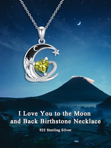 I Love You to the Moon and Back Necklace 925 Sterling Silver Black Crescent Moon Star Pendant with Heart Birthstone Necklace Anniversary Gothic Jewelry Gifts for Women Wife Lovers - color: 08-Aug-Peridot