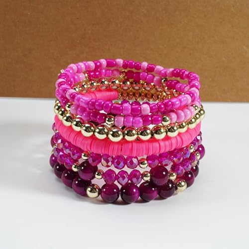 7/12Pcs Set Bohemian Stackable Crystal Seed Beaded Elastic Stretch Bracelet Multilayerd Handmade Brass Bead for Women Jewelry Surfer Heishi Polymer Clay Layering - color: green
