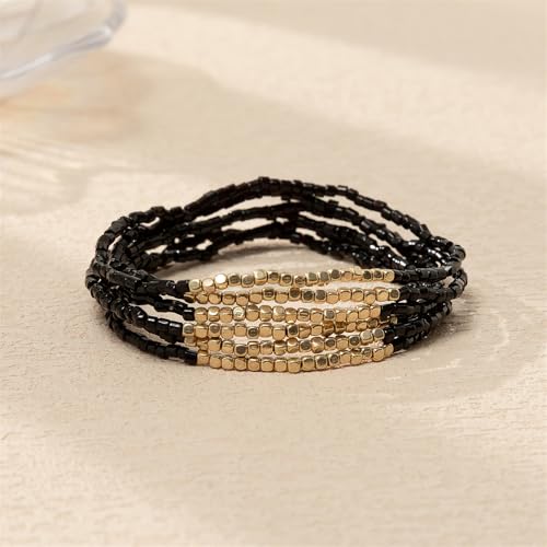 Boho Stackable Seed Beaded Bracelet Set for Women Colorful Multilayered Gold Beads Stretch Bracelets Summer Beach Bohemian Jewelry Gift - color: Black