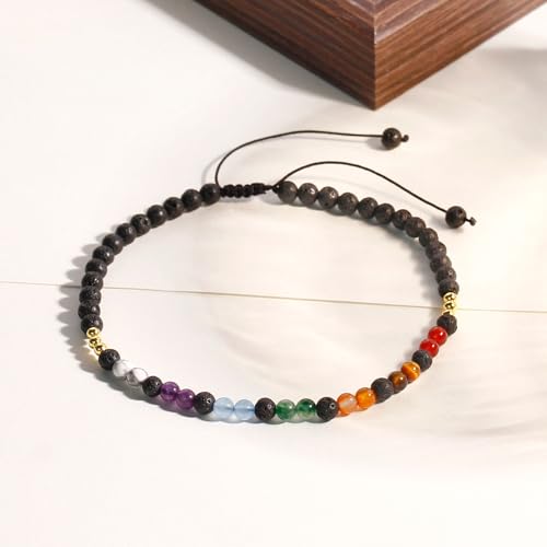 Colorful 7 Chakra Gemstones Beaded Anklet for Women Foot Jewelry | Adjustable 8.5-10 in, Ankle Bracelets for Women, Handmade, Positive Energy, Balance, Yoga, Meditation, Beach, Party, Vacation - style: Lava Rock