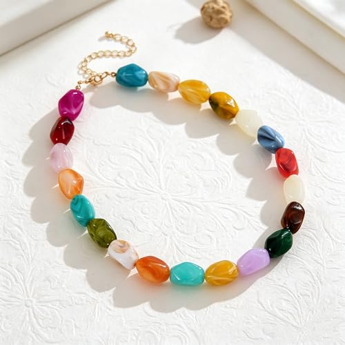 YUJIE Chunky Heart Pendant Necklace for Women- Exaggerated Statement Puff Heart Necklace with Acrylic Beaded Chain - color: A-Multi colour bead