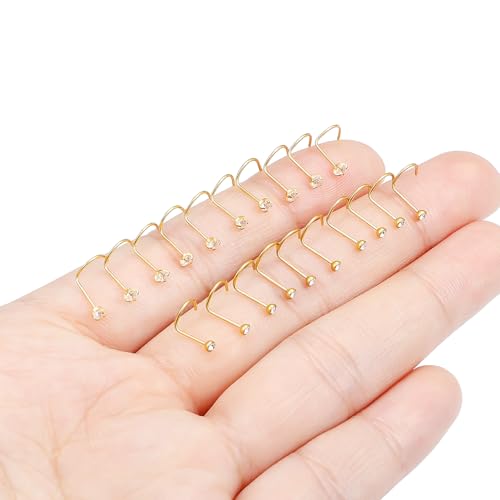 Hoeudjo Nose Studs Surgical Steel Cubic Zirconia Nose Rings Kit for Women Men Tiny Nose Stud Screw & Bone & L Shaped Nostril Piercing Jewelry 24-18 Gauge 20 Pieces Set - color: gold-tone,screw nose studs, size: 24g/2.0mm clear CZ