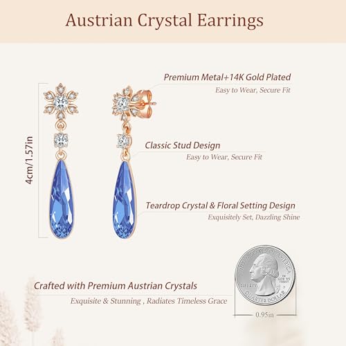 Austrian Crystal Teardrop Earrings Flower Dangle Earrings for Women 14K Gold Plated Drop Stud Earrings Hypoallergenic Jewelry - color: Bermuda Blue