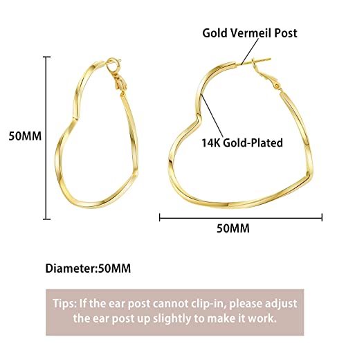 Trendy 14K Gold Plated Hoop Earrings for Women, Chunky Gold/Silver Earrings for Women Cubic Zirconia Baguette Hoop Earrings Heart Hoops Lightweight Hypoallergenic Jewelry,25mm/35mm/40mm/50mm - color: 07 Gold Heart Hoops 50mm