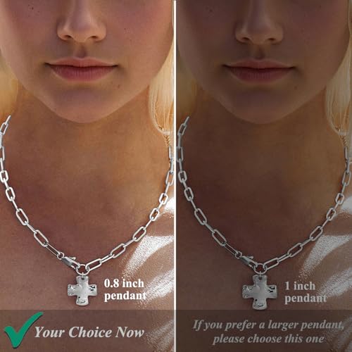 Bheop Chunky Cross Necklace for Women, 14K Gold Silver Statement Necklace | Sturdy Paperclip Chain, Hammered Pendant, Vintage Charm, Trendy Costume Jewelry, Faith Christian Religious Gift, Non Tarnish - style: SL-Cross Necklace(0.8 inch Pendant)