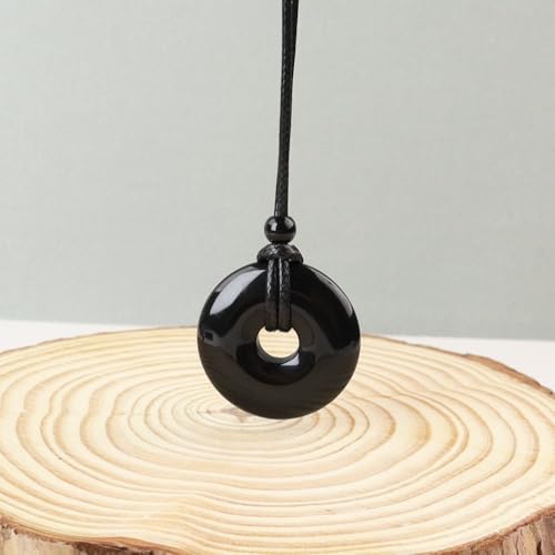 FANASY Natural Gemstone Pendant Necklce Lucky Coin Crystal Necklace Protection Donut Pendnat with Adjustable Rope for Men Women - color: Black obsidian