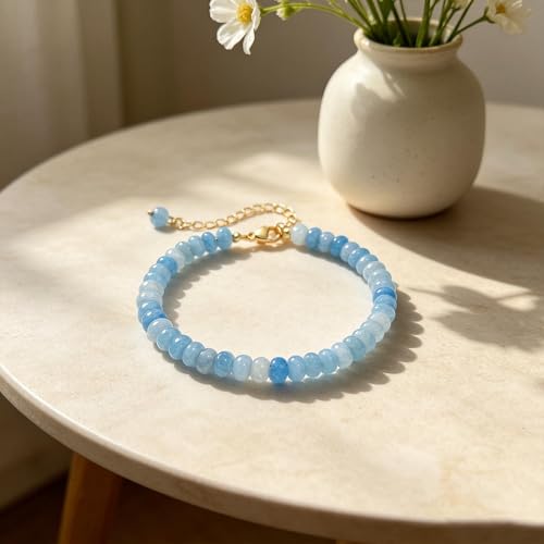 colorful Natural Stone Beaded Bracelets for Women, Boho Handmade Gemstone Bracelet, Stackable Summer Beach Jewelry - color: Light Blue Bead