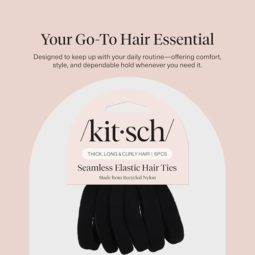 Kitsch Elastic Hair Ties No Damage | Stretchable Hair Bands - Black, 6pcs | Strong All-Day Hold Hair, Rubber Bands For Hair, Ponytail Holders | Hair Accessories for Everyday Use - color: Black Thick (Pack of 6)