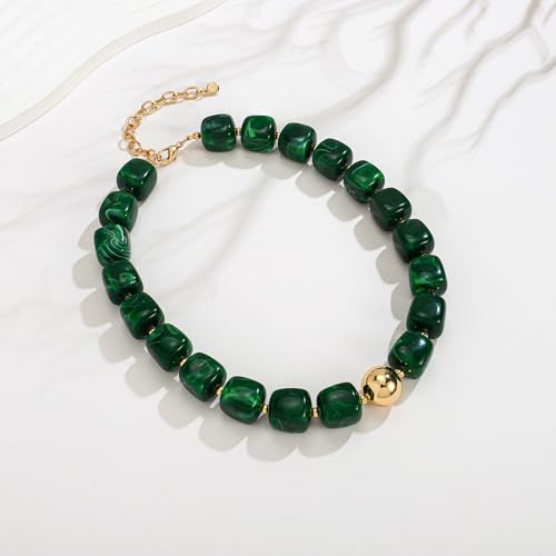 Chunky Beaded Necklace for Women Boho Statement Bead Necklace Adjustable Choker with Polished Disc/Square Beads Trendy Summer Beach Jewelry Gifts - color: Green