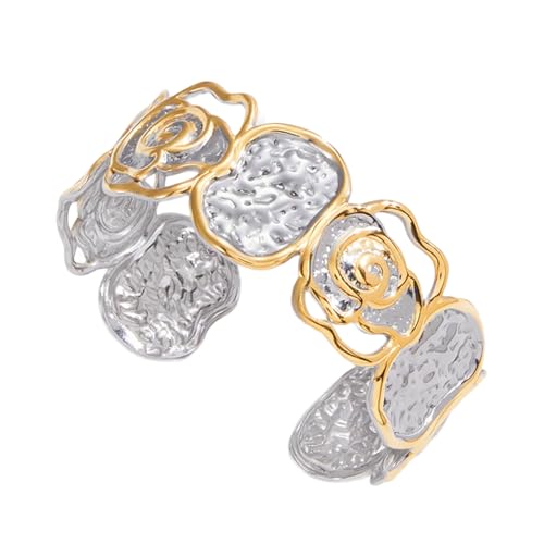Stylish Two Tone Jewelry Stainless Steel Hammered Bangle Open Cuff Design Twist Cutout Detail Comfortable Wear Twist Openwork Adjustable Wristband - color: A