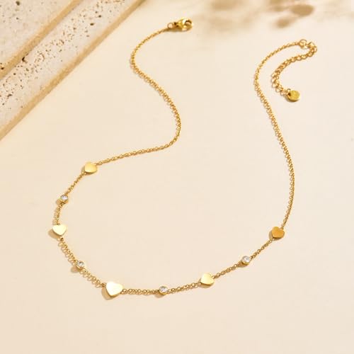 Dainty Necklaces with CZ Inlaid Minimalist Stackable Fashion Gifts - color: Heart-GD