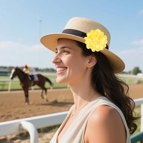 Satin Rose Flower Brooch Hair Clip for Women 4.3 Inch Floral Pin for Hats Dress Everyday Outfits Beach Vacations - color: Yellow