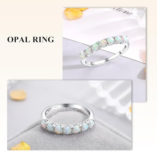 Birthstone Wedding Band Eternity Rings 925 Sterling Silver Rings Stackable Anniversary Engagement Rings Cubic Zirconia Inlaid Created Garnet/Amethyst/Sapphire Ring 7 Stone Ring, Size 6 to 10 - color: Opal