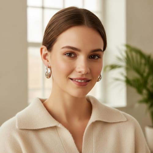 316L Chunky Stainless Steel Hoop Earrings, Fashionable Lightweight Hollow Open Hoops, Hypoallergenic Whtie Gold Plated Pipe Earrings for Women - style: 50mm, White Gold
