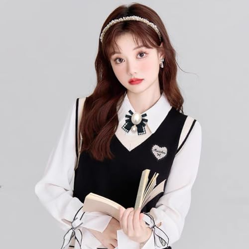 FASELE Bow Brooch Pre-Tied Neck Tie Pearl Brooch Pin Striped Bow Tie for Women Wedding Party Bow Tie - color: Black White/Pin