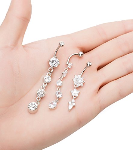 3-6PCS 14G 316L Stainless Steel Belly Button Rings for Women Navel Rings Barbell Dangle Flower CZ Body Piercing - color: A: 3 Pcs Silver-tone