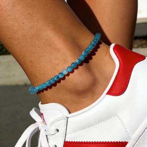 Natural Stone Beaded Anklets for Women, Handmade Boho Clear Quartz 4mm Crystal Beads Anklet, Gold Chain Adjustable Ankles Bracelet, Beach Summer Jewelry Gemstone Foot Bracelet Gift - color: Apatite