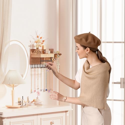 Lolalet Wall Mounted Hanging Jewelry Organizer, 15 Hooks Wooden Necklaces Holder with Storage Shelf, Easy Install Earrings Bracelets Hanger -Light Brown - color: Light Brown