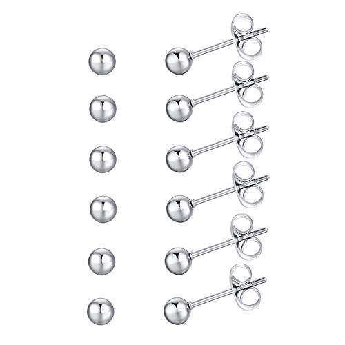 FOSIR 6 Pair Tiny Women 14K Gold Plated Ball Stud Earrings Surgical Stainless Steel Earrings Set, 2-6MM - style: silver-6pair,4mm