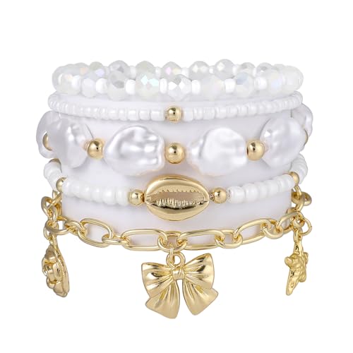 LALAPPLE Shell Bracelet Boho Beaded Stretch Bracelets for Women Seashell Strand Bracelets Starfish Charm Jewelry Summer Beach Jewelry Stackable Crystal Gold Plated Beads Bracelet for Women - style: T-Style9 wave