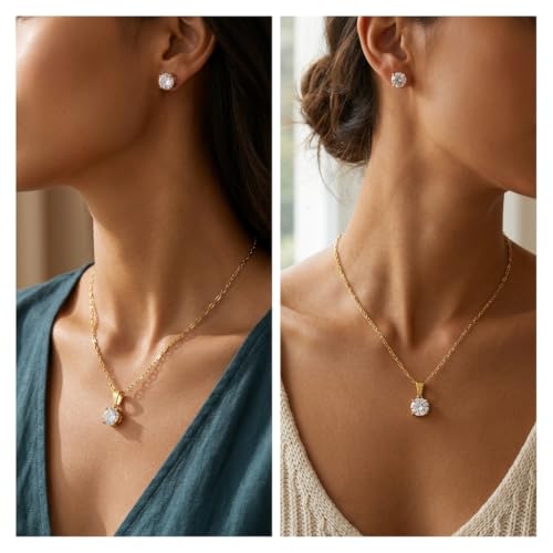 14K Gold Plated Crystal Jewelry set Cubic Zirconia Dainty Choker Necklace Earrings Stud Gold Necklaces for Women - color: Round CZ