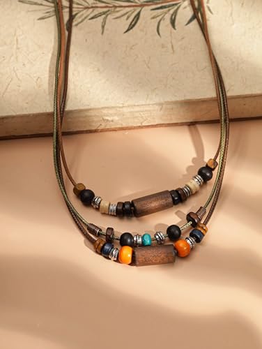 MINACHI Layered Boho Wood Bead Choker Necklace, Hollow Flower Charm, Personality Jewelry for Men and Women - style: Necklace 08-0040