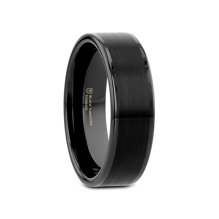 Thorsten Vulcan Black Tungsten Carbide Men’s Wedding Ring – Flat Matte Brushed Finish with Polished Edges – Comfort Fit Wedding Band – Durable and Stylish Ring for Him | Flat Black, Matte Brushed Finish, Polished Edges, Comfort Fit, Custom Engraved