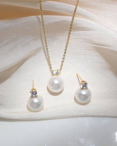 14K Gold Plated Pearl Jewelry Set for Women | Pearl Pendant Necklace and Studs Earrings for Wedding, Bridal, Bridesmaid