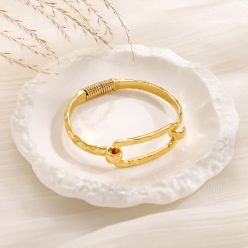 Moodear Chunky Gold Bangle Bracelets for Women, 14K Gold Plated/Silver Cuff | Chunky Statement Jewelry with Hammered Texture, Non Tarnish Gold Plated Finish, Unique Cuff Design, Lightweight Comfort - style: Gold 17cm (≈6.5IN)Paperclip
