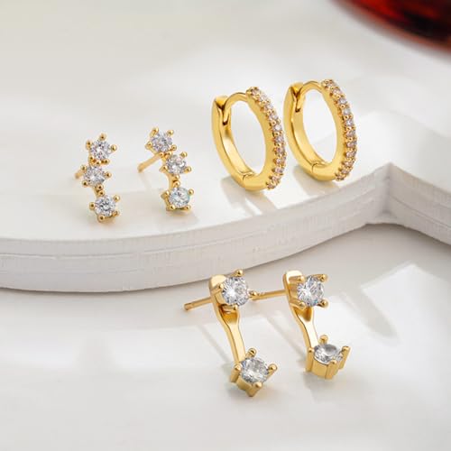 BG&WLing 3 Pairs Earring Set with Huggie Hoops Jacket Crawler Stud | Hypoallergenic, Cubic Zirconia, Huggie Hoops, Ear Climber Design, Earrings Jacket, Multi-Pierce Stack, Women's Jewelry - color: Gold