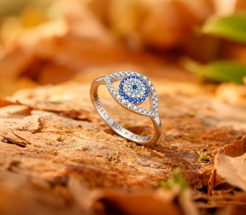 Hapour 925 Sterling Silver Rings for Women Firefly Ring, Glow in the Dark | Sun Moon Star Band Ring Rainbow Evil Eye Chunky Heart Thumb Pinky Stackable Dainty Ring, 14K Gold Plated, Cubic Zirconia - color: Blue CZ Devil's Eye, size: 8