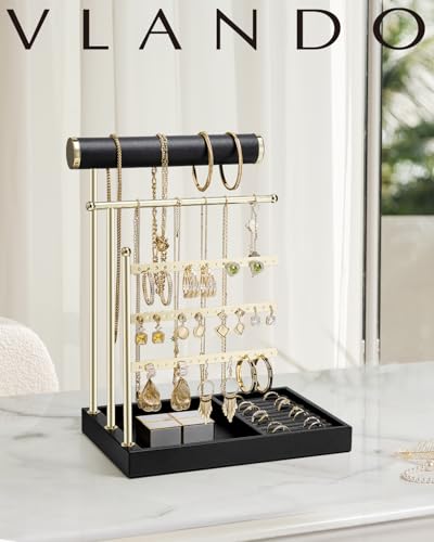VLANDO Jewelry Stand Organizer with Ring Holder Tray, Necklace and Earring Storage for Bracelets, Watches and Rings, PU Leather Covered Wooden Tray with Gold Metal Frame - Black - color: Black