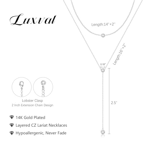 Luxval Lariat Gold Necklace for Women, Dainty Long Necklace 14k Gold Plated/Silver Y-Shaped Pendant Necklaces Trendy Beaded Chain Drop Necklaces Jewelry for Women Gifts - color: Silver-Y Layered CZ Necklace