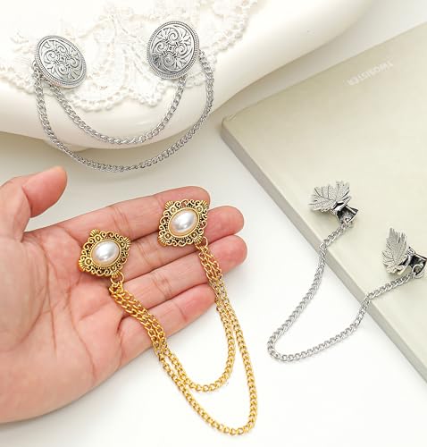 Akeoqi 6Pcs Vintage Sweater Shawl Chain Clips retro Bowknot Rhinestone Button Leaf Pearl Flower Pattern Brooch Pins for women men suit Shirt cardigan Cloak Dress Lapel collar Clasp with Hanging Chain