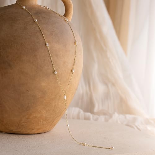 Lariat Gold Necklace for Women Dainty Long 14K Gold Plated Y-Shaped Body Chain Choker Necklace Trendy Non Tarnish Pendant Simple Layered Necklaces Gold Jewelry for Women Set Gift - color: Satellite Pearl