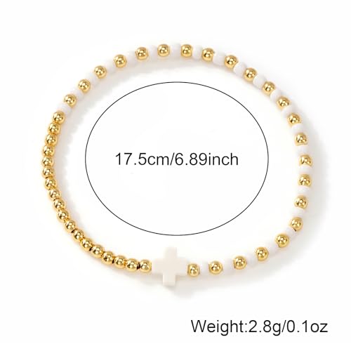 Gold Beaded Bracelets for Women Stackable Boho Gold Plated Colorful Seed Beads Ball Cross Bracelets Stack Elastic Stretch Trendy Jewelry Accessories Non Tarnish Friendship Christian Gift - color: Red White