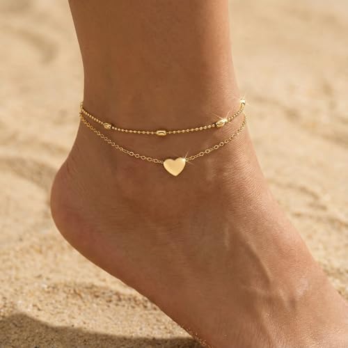 Dainty Anklets for Women, 14K Gold Plated & Sterling Silver Plated Ankle Bracelets, Adjustable, Waterproof & Hypoallergenic Summer Beach Foot Jewelry in Assorted Styles - style: 2 anklets heart gold