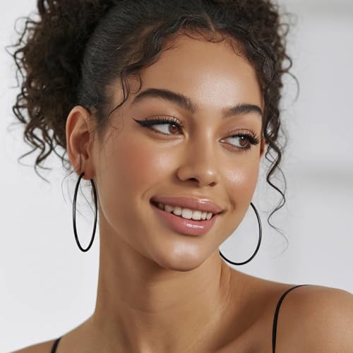 Gold Hoop Earrings for Women 14K Gold Plated | 925 Sterling Silver Post Hypoallergenic Hoop Earrings - color: Black, size: 60mm
