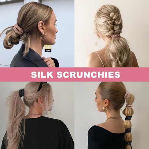 6Pcs Silk Hair Ties 100% Pure Mulberry Silk Scrunchies for Women Girls | No Hair Crease, Anti Frizz, Gentle Hold, No Damage, Color 02 - color: Black&Brown