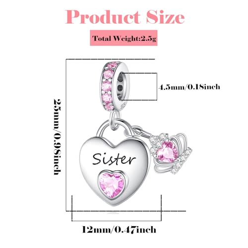 Family Charms for Charms Bracelet: 925 Sterling Silver Heart Dangle Charms for Bracelets and Necklaces, Birthday Mother's Day Christmas Jewelry Gifts For Women. - color: Sister
