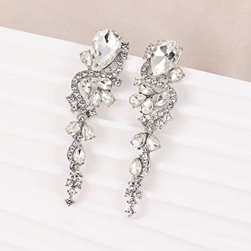 Fashion Rhinestone Statement Drop Dangle Earrings Long Colorful Crystal Bridal Wedding Teardrop Chandelier Earrings for Women Prom Pageant - color: Clear-silver