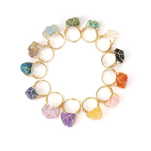 COLORFUL BLING Raw Healing Crystal Natural Stone Ring Statement Copper Wire Wrapped Irregular Crystal Gemstone Adjustalble Ring Jewelry for Women - color: 4 Pcs Set