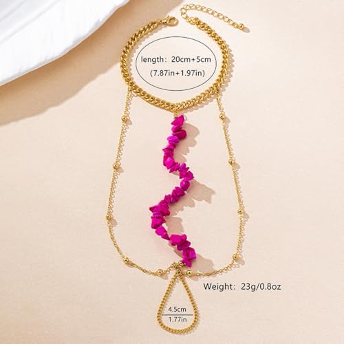 Pink Stone Barefoot Sandal Anklet for Women Round Ball Beaded Link Chain Anklet with Toe Ring Adjustable Summer Beach Fashion Foot Jewelry