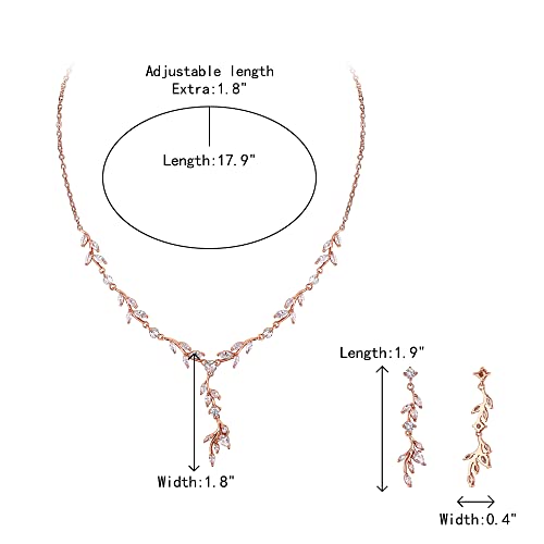 Crysdue Women's Wedding Bridal Jewelry Set for Brides Bridesmaids Cubic Zirconia Flower Leaf Vine Necklace Dangle Earrings for Prom Party - style: 4-rose gold