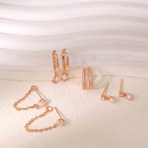 Gold Plated Earrings for Women, 14k Gold Plated Earring Stack Hypoallergenic Pearl Drop Earring Dainty Earrings for Women Trendy Cute Small Huggie Hoop Earring Fashion Womens Jewelry - color: RG Set