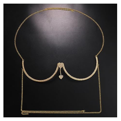 Rhinestone Chest Bracket Chain Trendy Crystal Heart Pendant Bra Chain Sexy Bikini Body Chain Jewelry for Women - color: Gold