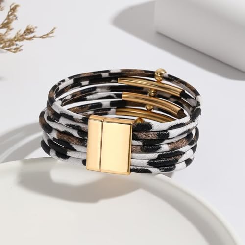 Colorful Leather Wrap Bracelets for Women Boho Handmade Multilayer Leopard Print Cuff Bangle Circle Charm Bracelets Bohemian Party Holiday Jewelry - color: Color 2