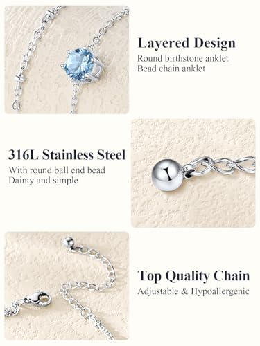 U7 Silver Ankle Bracelet for Women, Waterproof Layered Ankle Round Gem Birthstone Anklets, Summer Beach Foot Jewelry, Adjustable 8.5"-10.5" - color: 03.March-Aquamarine Blue
